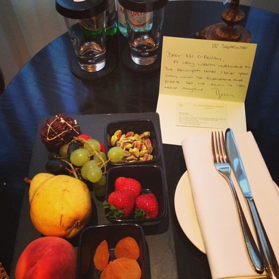 Welcome number one - water, fruit (fresh and dried) and chocolates...