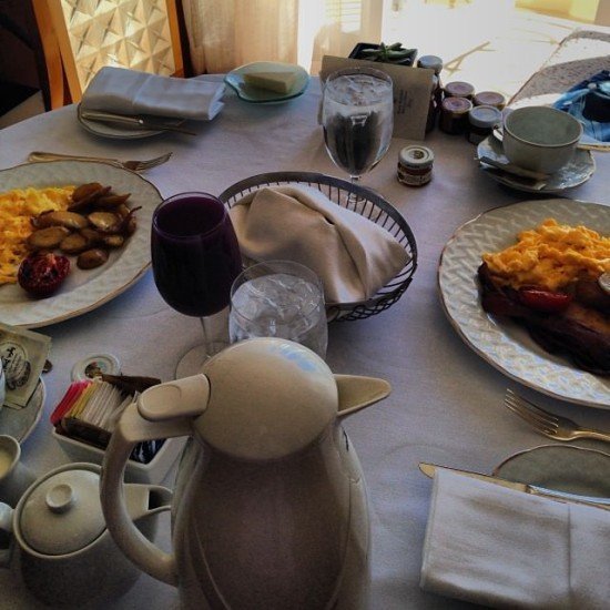 Yummy breakfast for 2 in our living room.