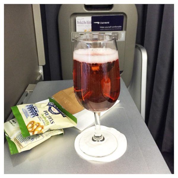 British Airways A380 Business Class Club World Review kir royale and pretzels