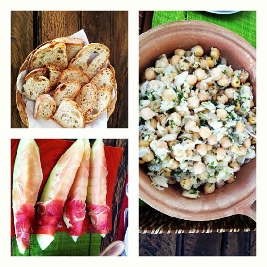 Alentejo bread, melon and ham and chickpea and cod salad. Yes, please.