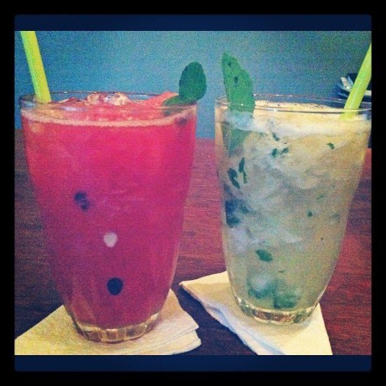 Caipirinhas - Brazil's national drink. Pictured here, my favourites: watermelon with pepper and pineapple with mint!