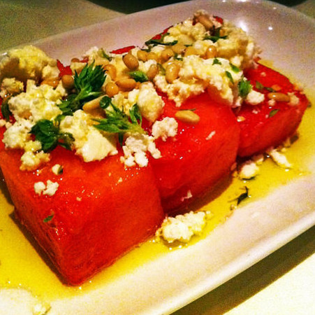 Watermelon, feta and pine nuts salad at Kokkari Estiatorio in San Francisco Watermelon, feta and pine nuts salad at Kokkari Estiatorio in San Francisco